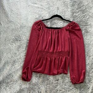 LC Lauren Conrad Red Smocked Blouse with Long Balloon Sleeves